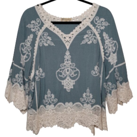 Democracy Embroidered Lace Bell Sleeve Top Boho Peasant Cottagecore Medium - Picture 3 of 12